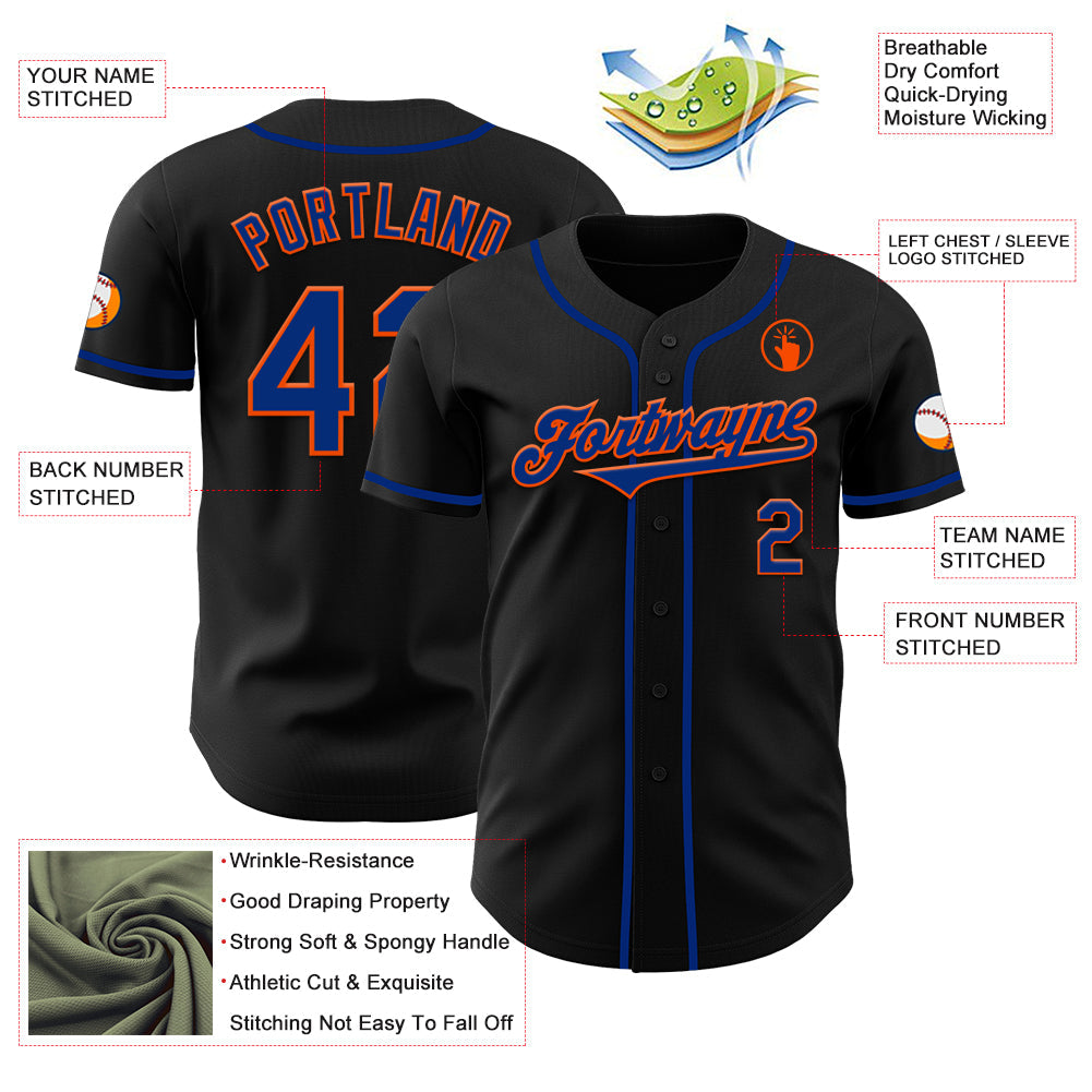 Custom Black Royal-Orange Authentic Baseball Jersey view 3