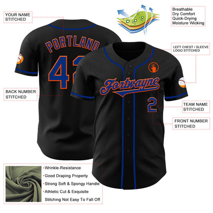 Custom Black Royal-Orange Authentic Baseball Jersey view 3