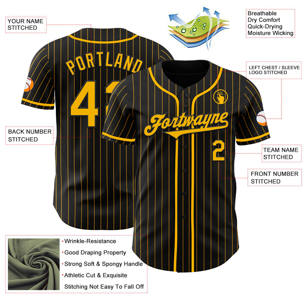 Custom Black Gold Pinstripe Gold Authentic Baseball Jersey view 3