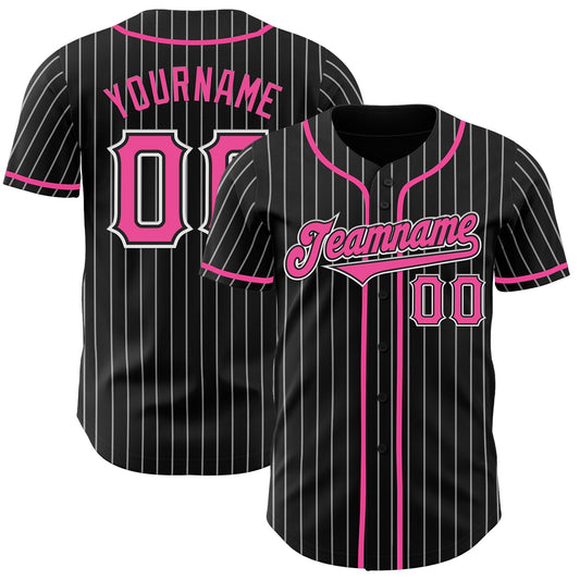 Custom Black White Pinstripe Pink Authentic Baseball Jersey - Main View
