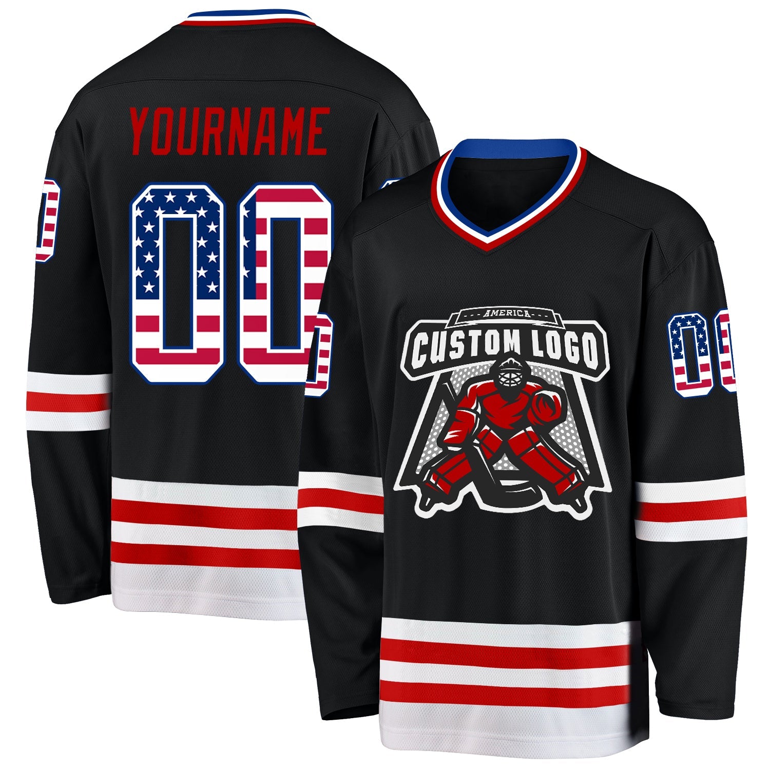 Custom Black USA Flag Royal-Red Hockey Jersey view 2
