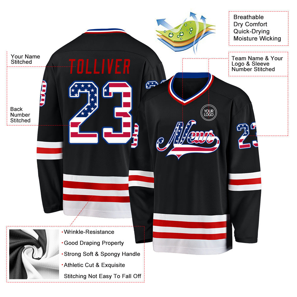 Custom Black USA Flag Royal-Red Hockey Jersey view 3