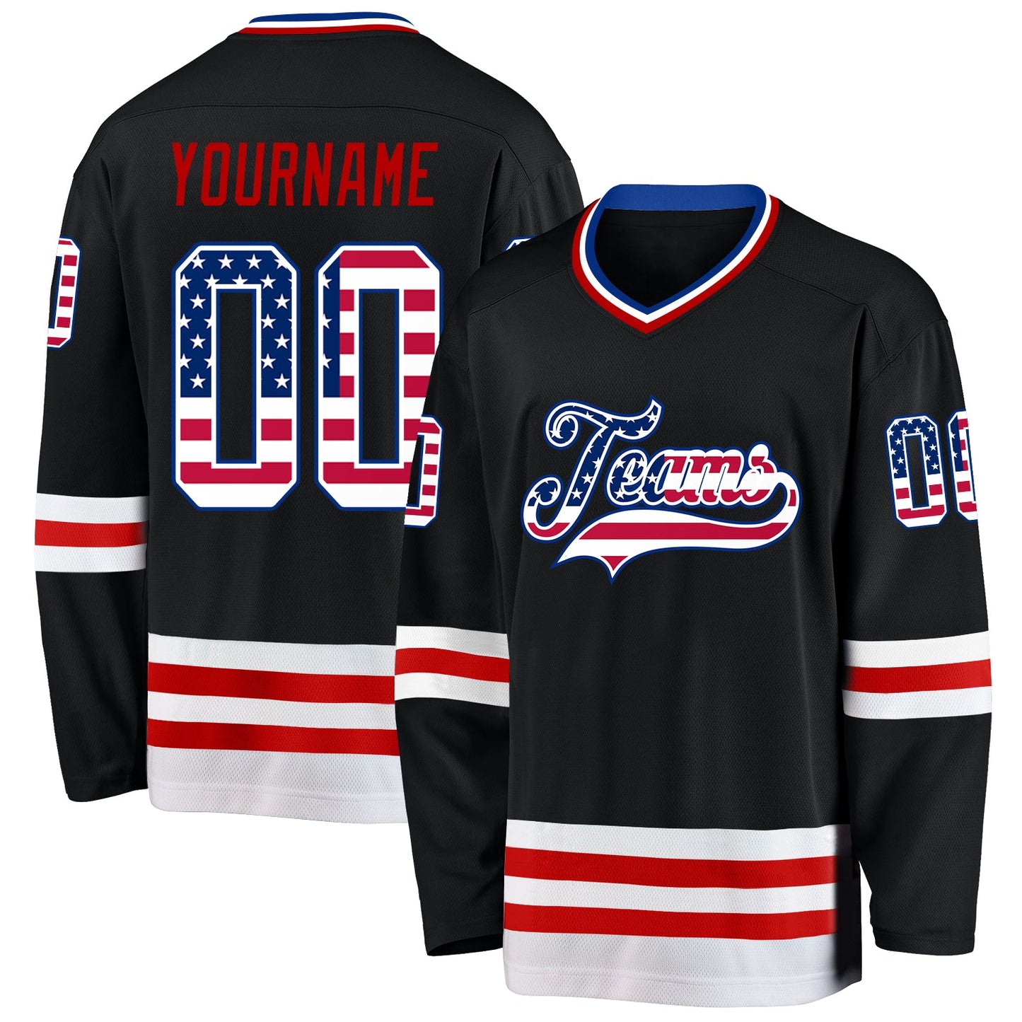 Custom Black USA Flag Royal-Red Hockey Jersey - Main View