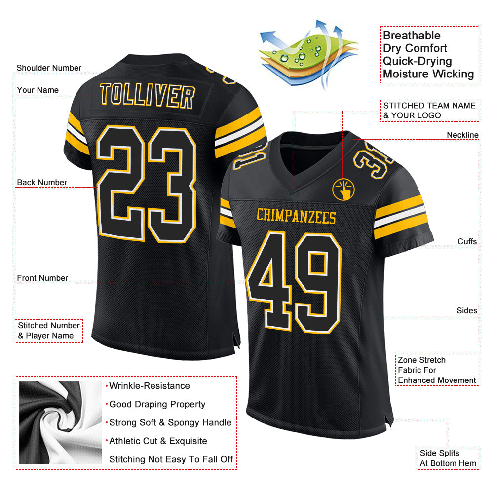 Custom Black White-Gold Mesh Authentic Football Jersey view 2