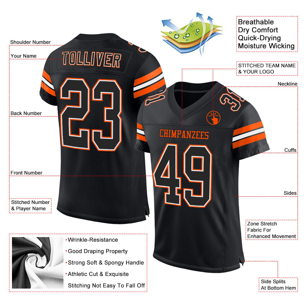 Custom Black White-Orange Mesh Authentic Football Jersey view 2