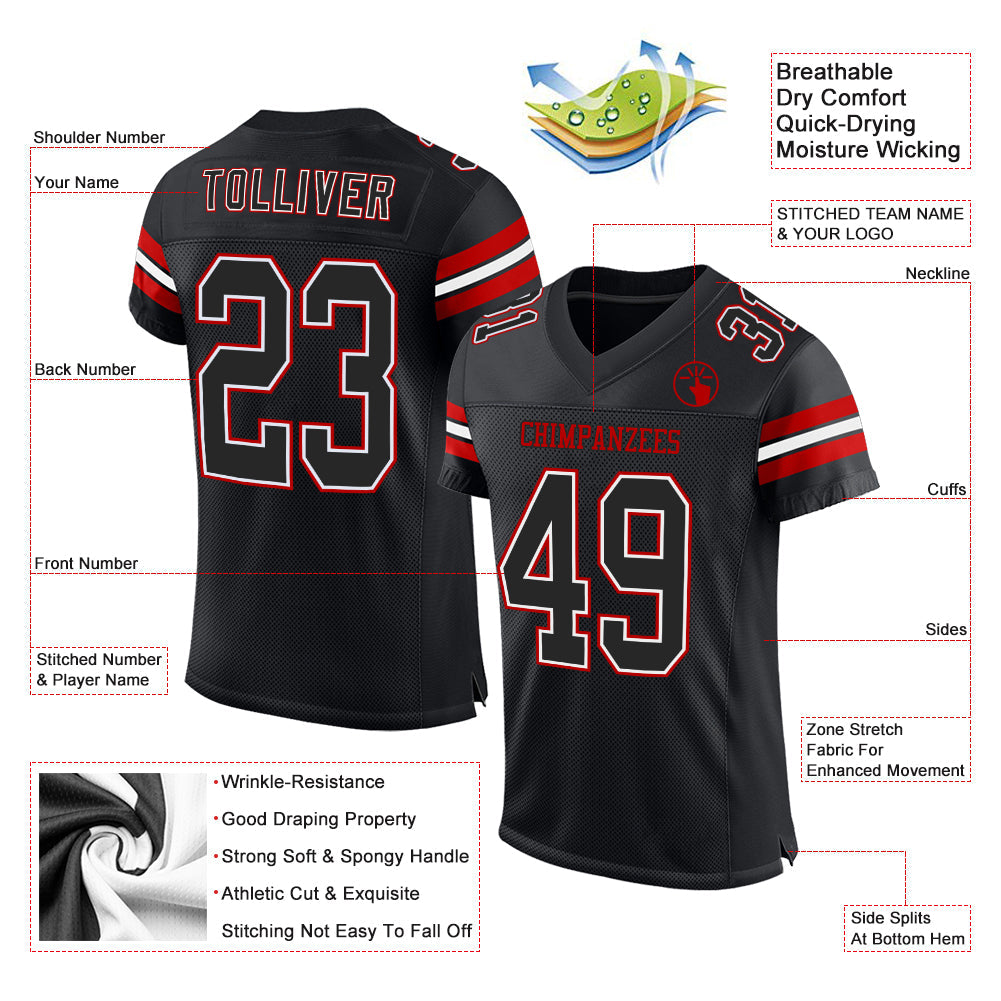 Custom Black White-Red Mesh Authentic Football Jersey view 2