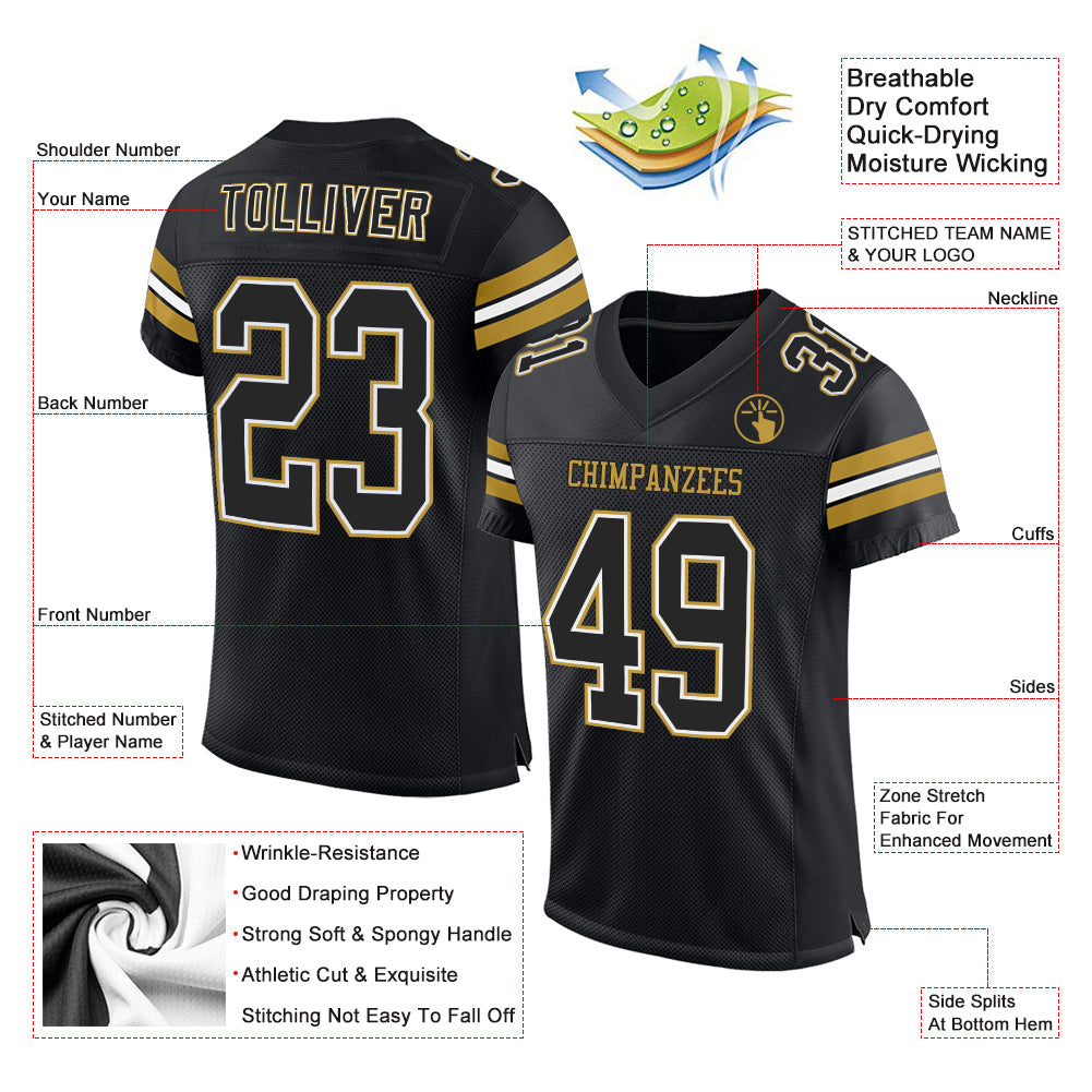 Custom Black White-Old Gold Mesh Authentic Football Jersey view 2