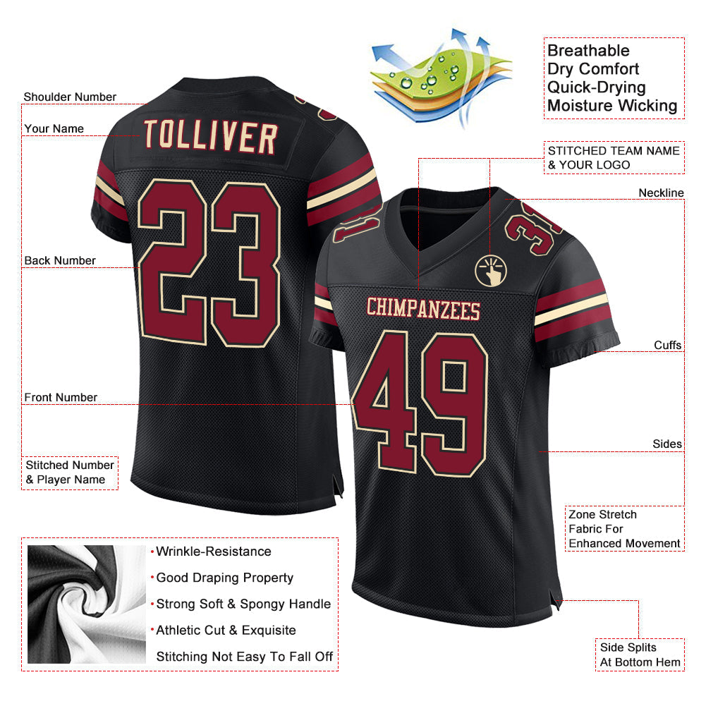 Custom Black Crimson-Cream Mesh Authentic Football Jersey view 2