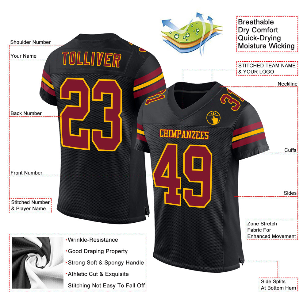 Custom Black Crimson-Gold Mesh Authentic Football Jersey view 2