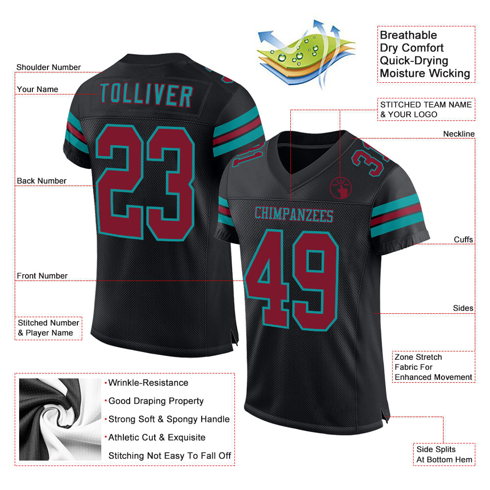 Custom Black Crimson-Teal Mesh Authentic Football Jersey view 2
