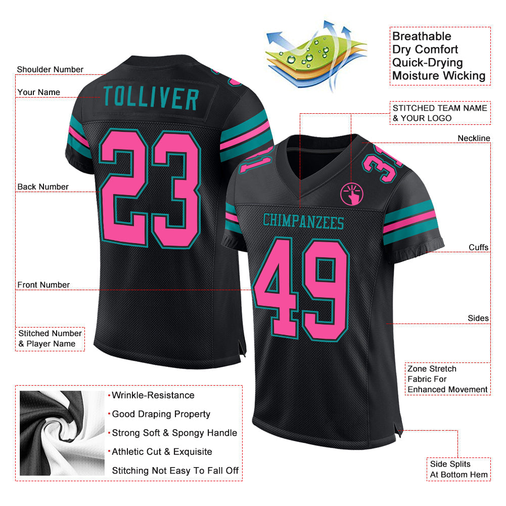 Custom Black Pink-Teal Mesh Authentic Football Jersey view 2
