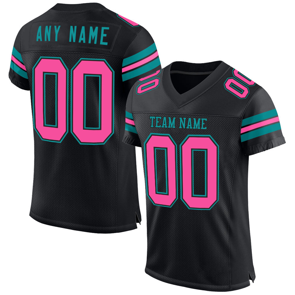 Custom Black Pink-Teal Mesh Authentic Football Jersey - Main View
