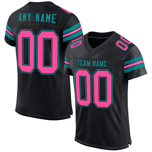 Custom Black Pink-Teal Mesh Authentic Football Jersey - Main View