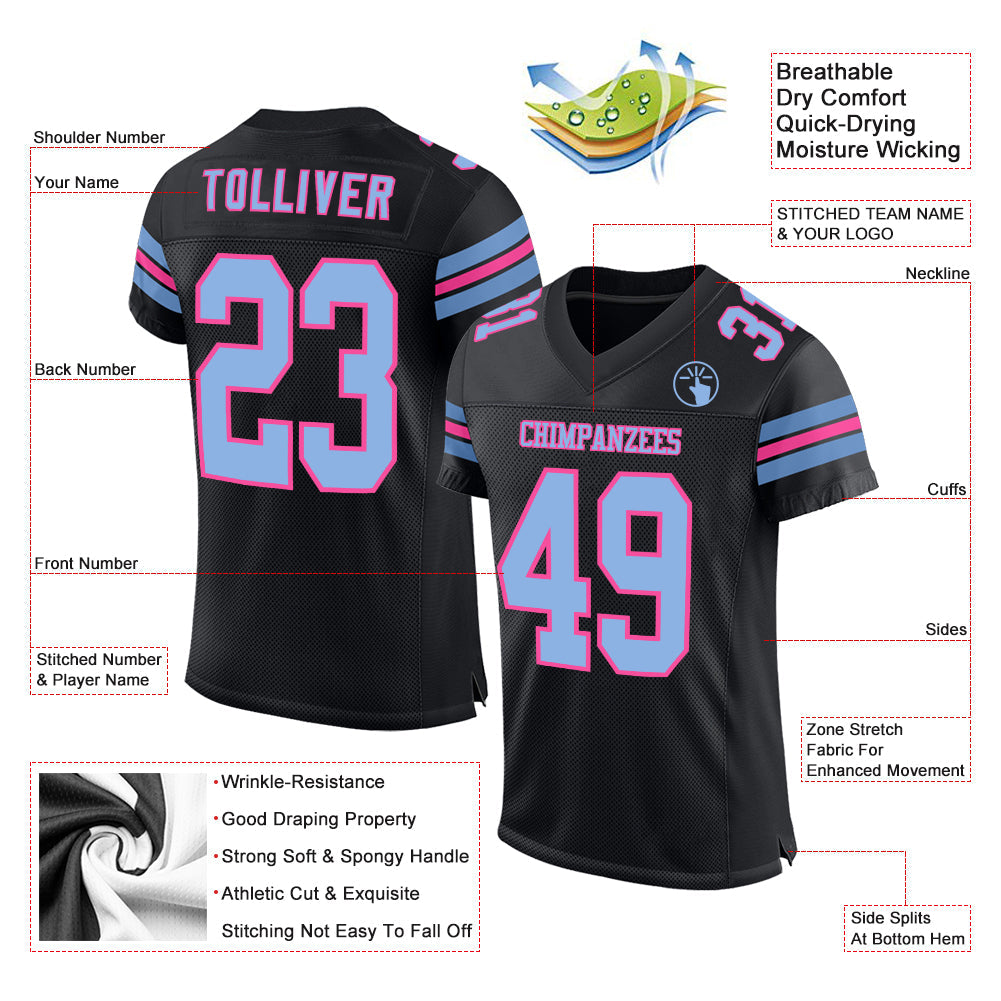 Custom Black Light Blue-Pink Mesh Authentic Football Jersey view 2