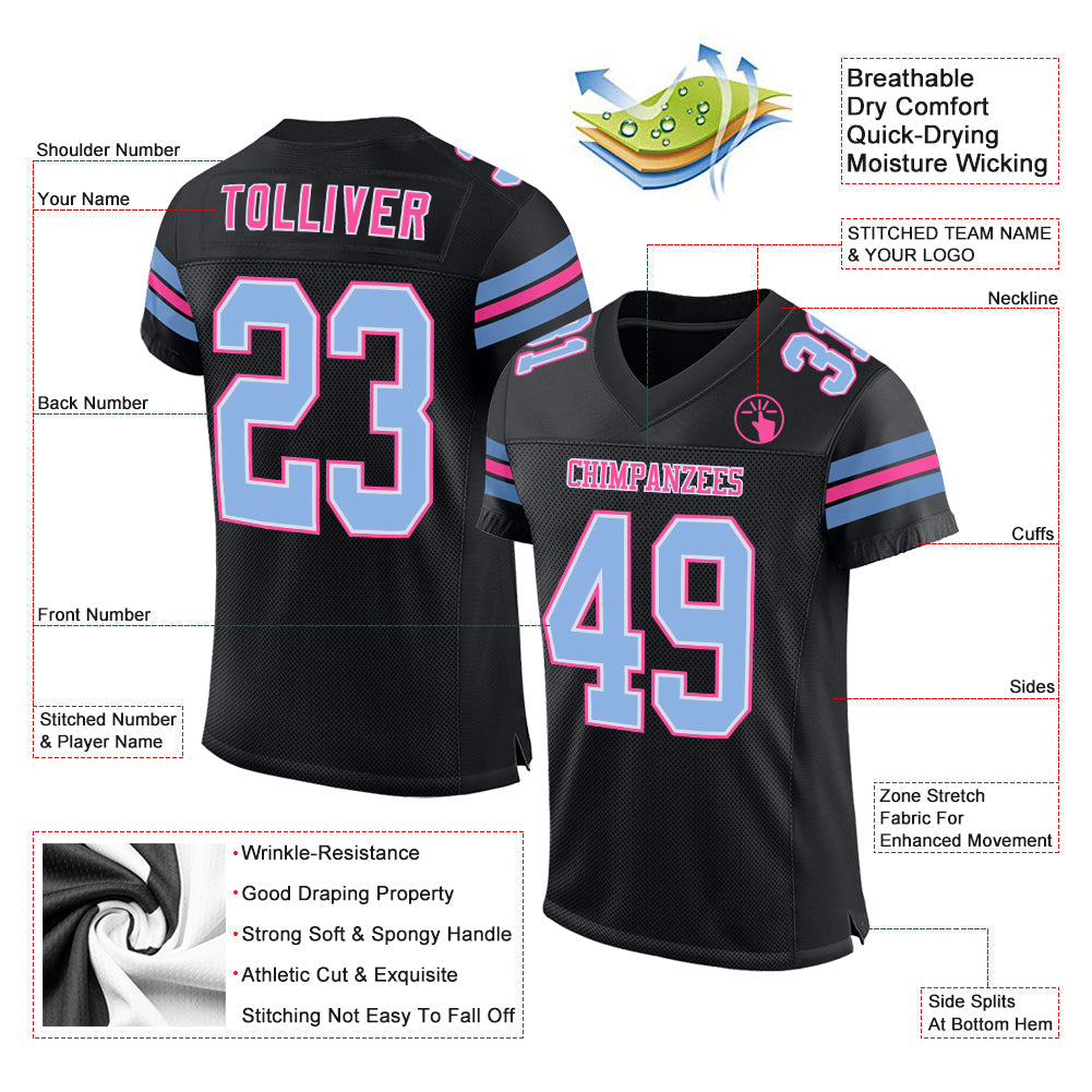 Custom Black Light Blue-Pink Mesh Authentic Football Jersey view 2