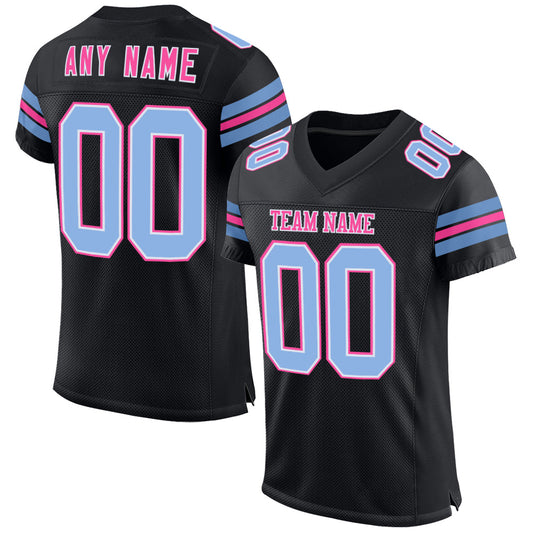Custom Black Light Blue-Pink Mesh Authentic Football Jersey - Main View