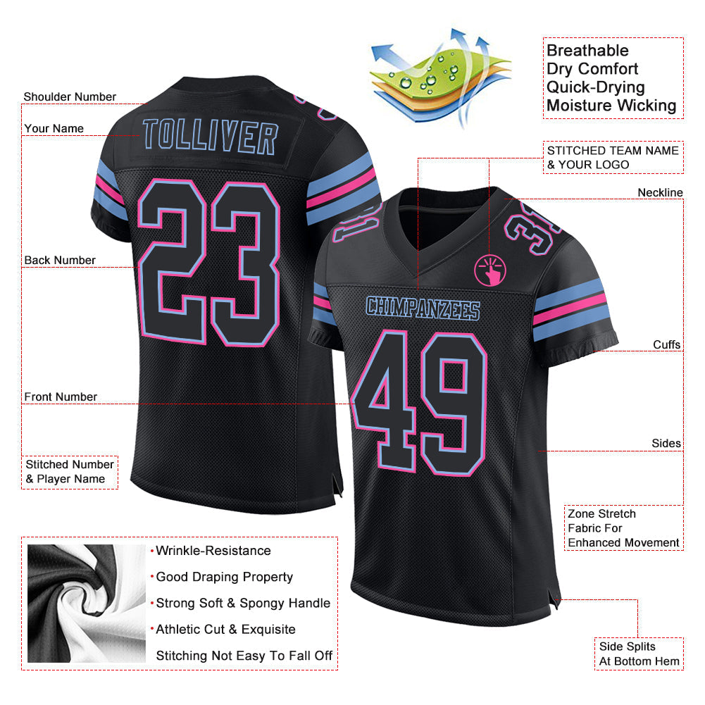 Custom Black Light Blue-Pink Mesh Authentic Football Jersey view 2