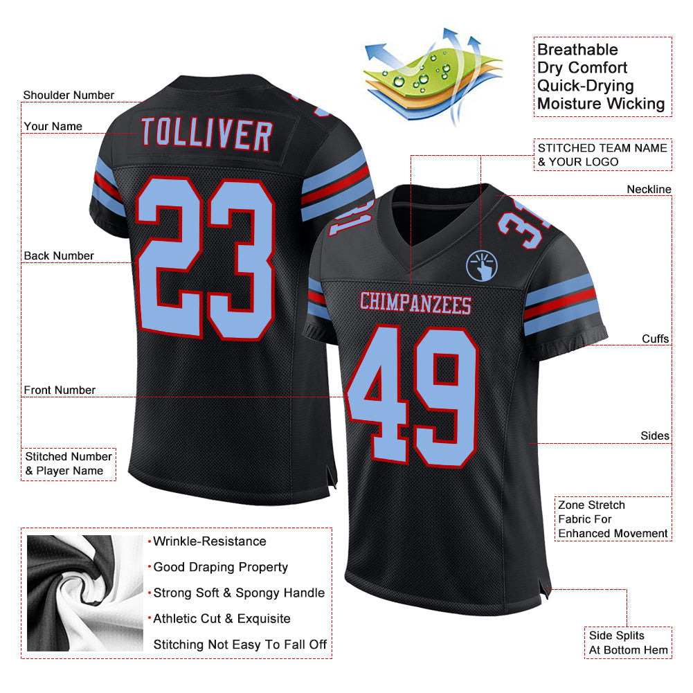 Custom Black Light Blue-Red Mesh Authentic Football Jersey view 2