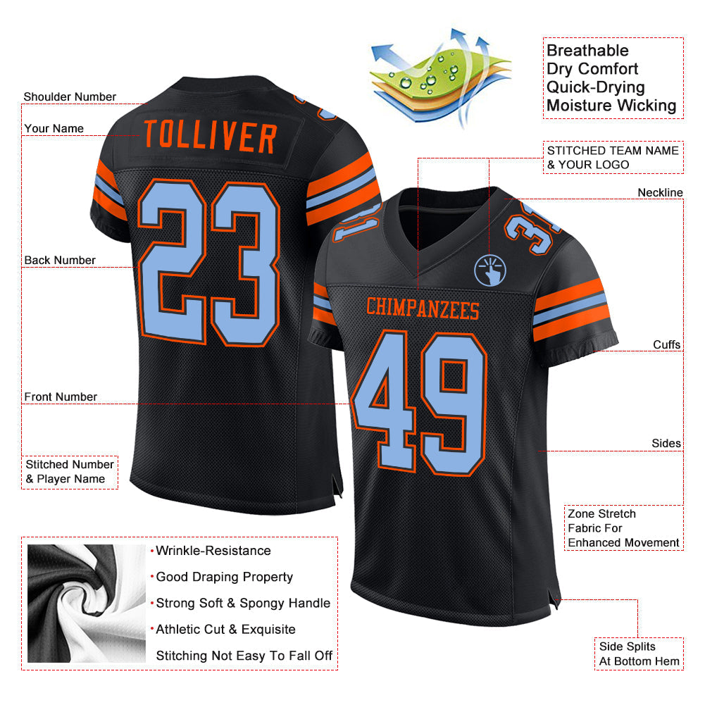 Custom Black Light Blue-Orange Mesh Authentic Football Jersey view 2
