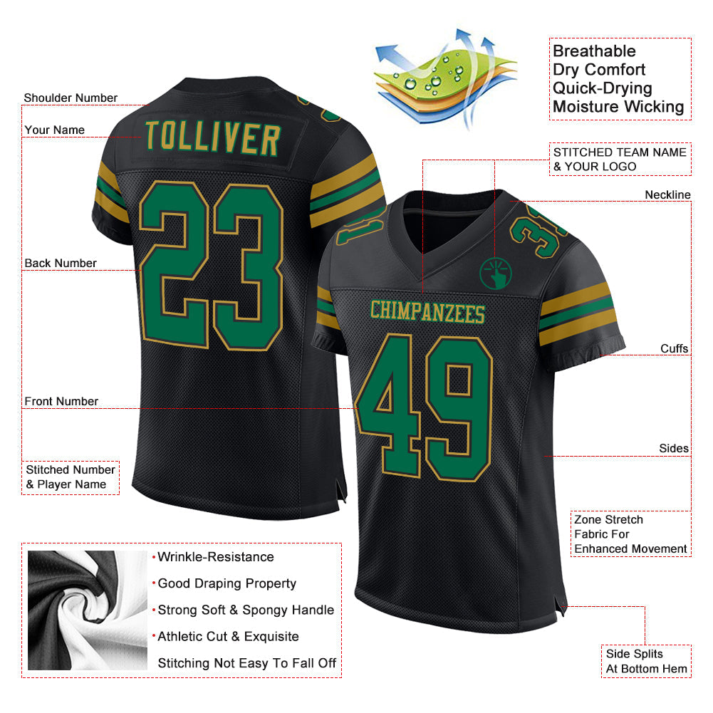 Custom Black Kelly Green-Old Gold Mesh Authentic Football Jersey view 2