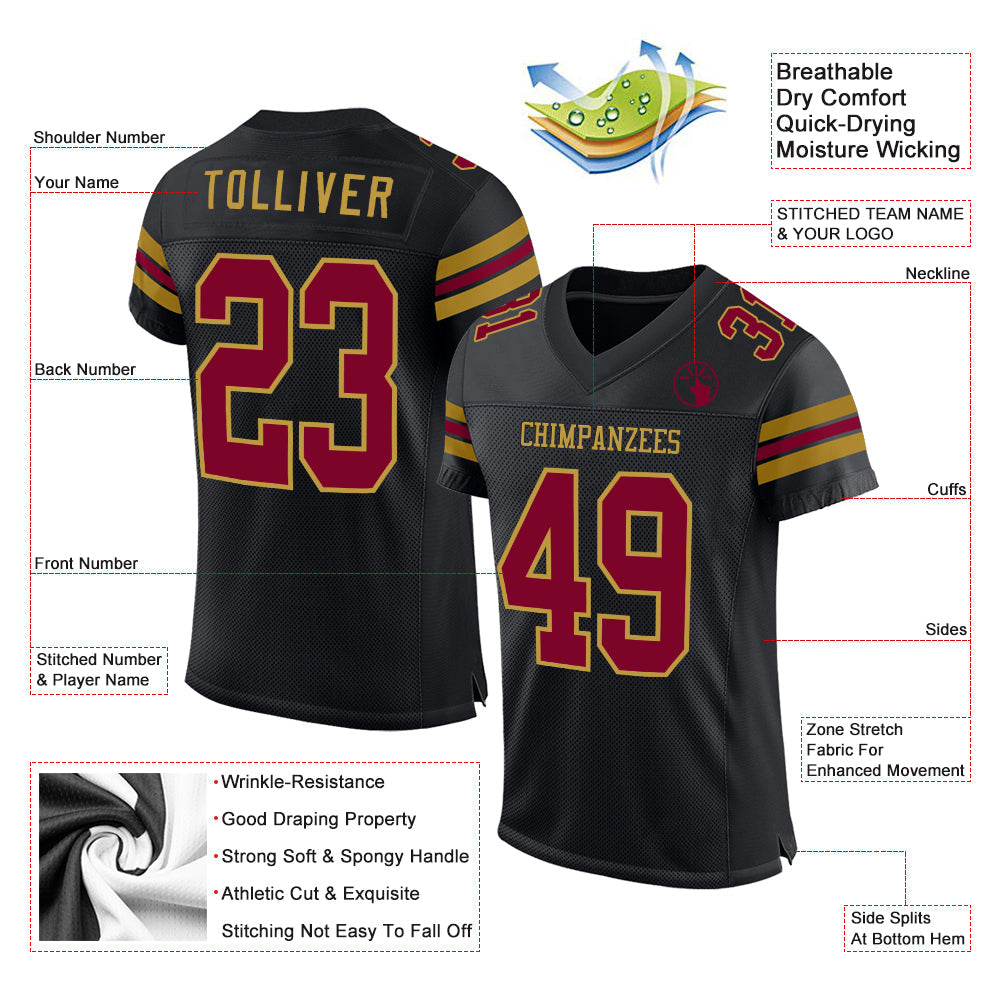 Custom Black Maroon-Old Gold Mesh Authentic Football Jersey view 2
