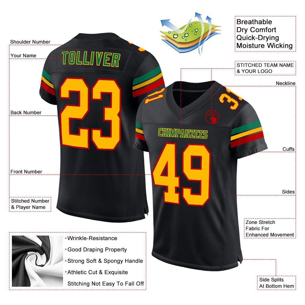 Custom Black Gold Red-Kelly Green Mesh Authentic Football Jersey view 2