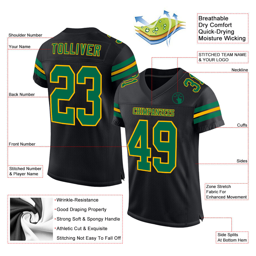 Custom Black Kelly Green-Gold Mesh Authentic Football Jersey view 2