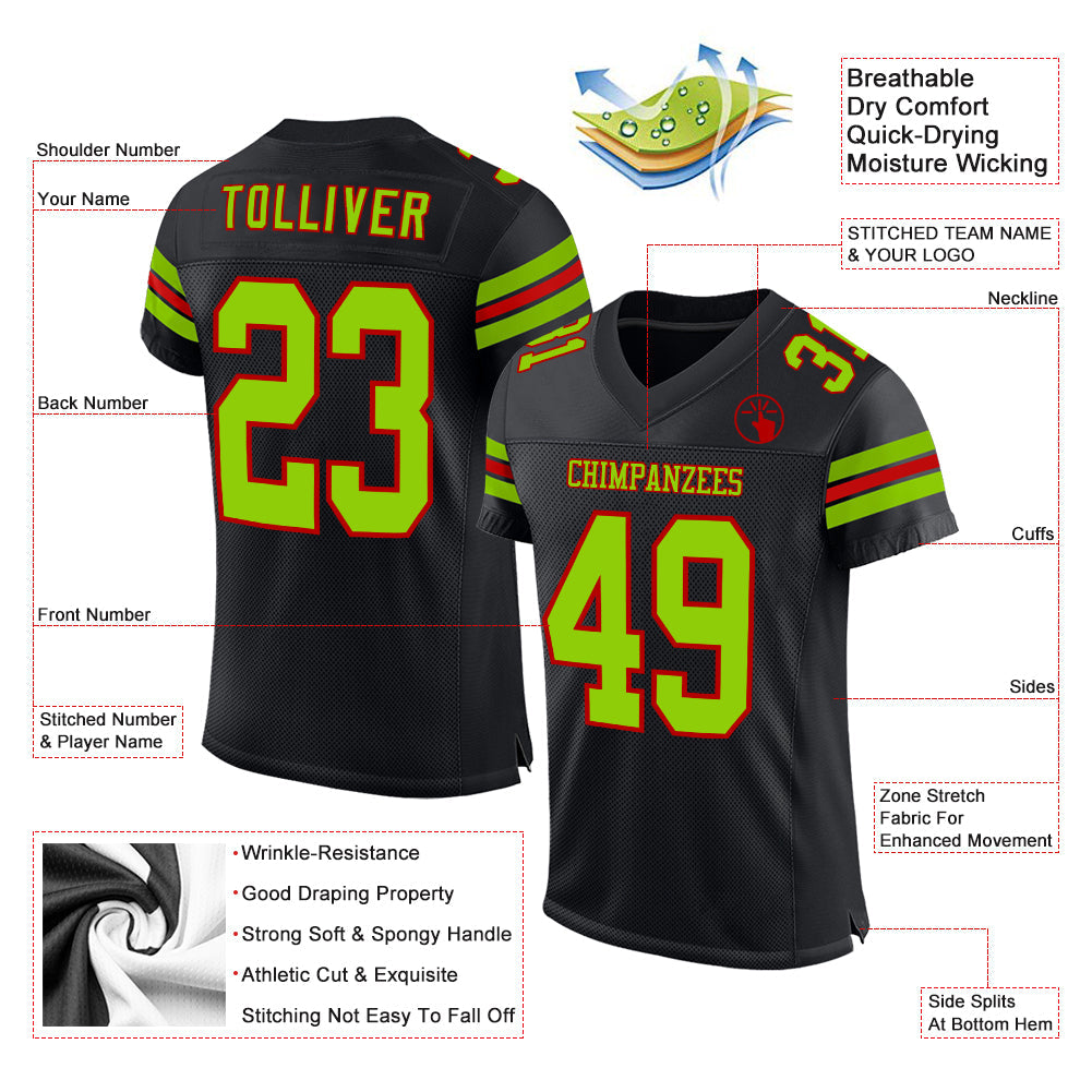 Custom Black Neon Green-Red Mesh Authentic Football Jersey view 2