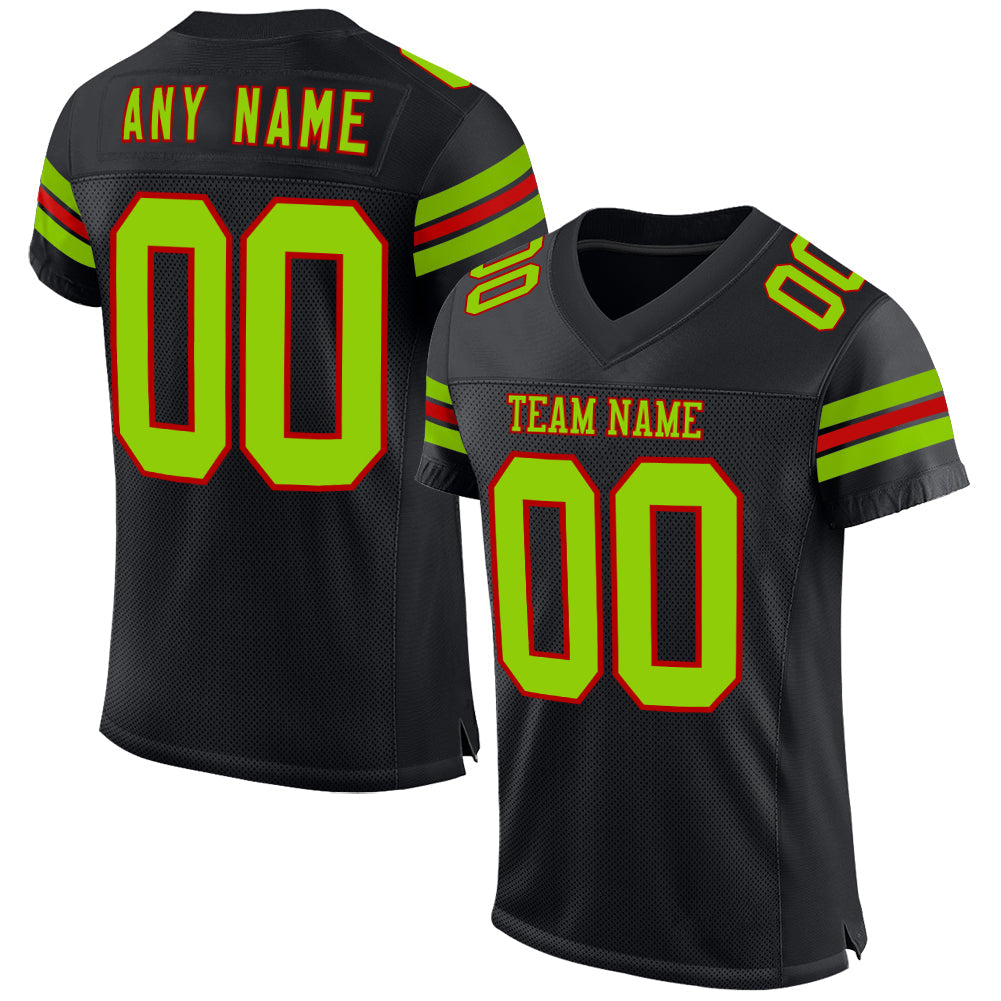 Custom Black Neon Green-Red Mesh Authentic Football Jersey - Main View