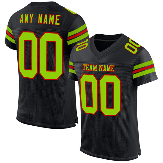 Custom Black Neon Green-Red Mesh Authentic Football Jersey - Main View
