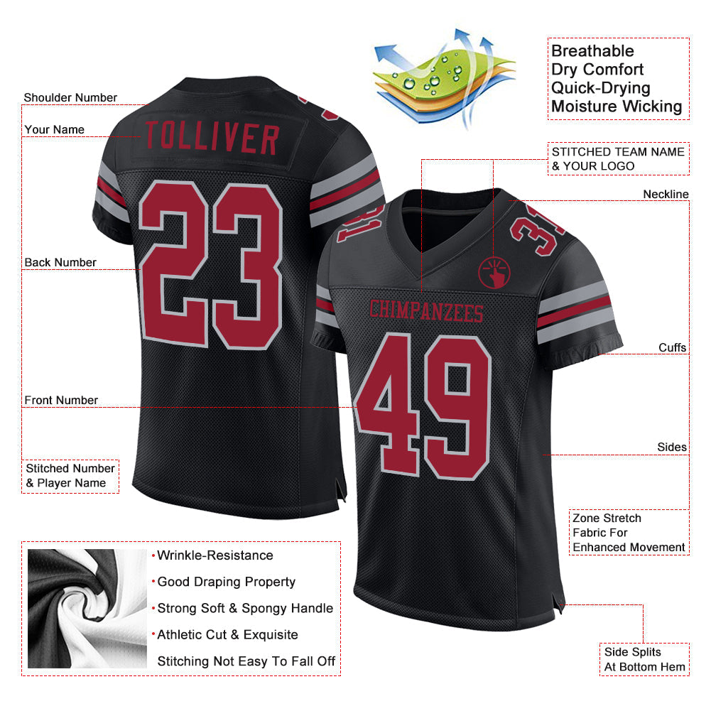 Custom Black Cardinal-Gray Mesh Authentic Football Jersey view 2