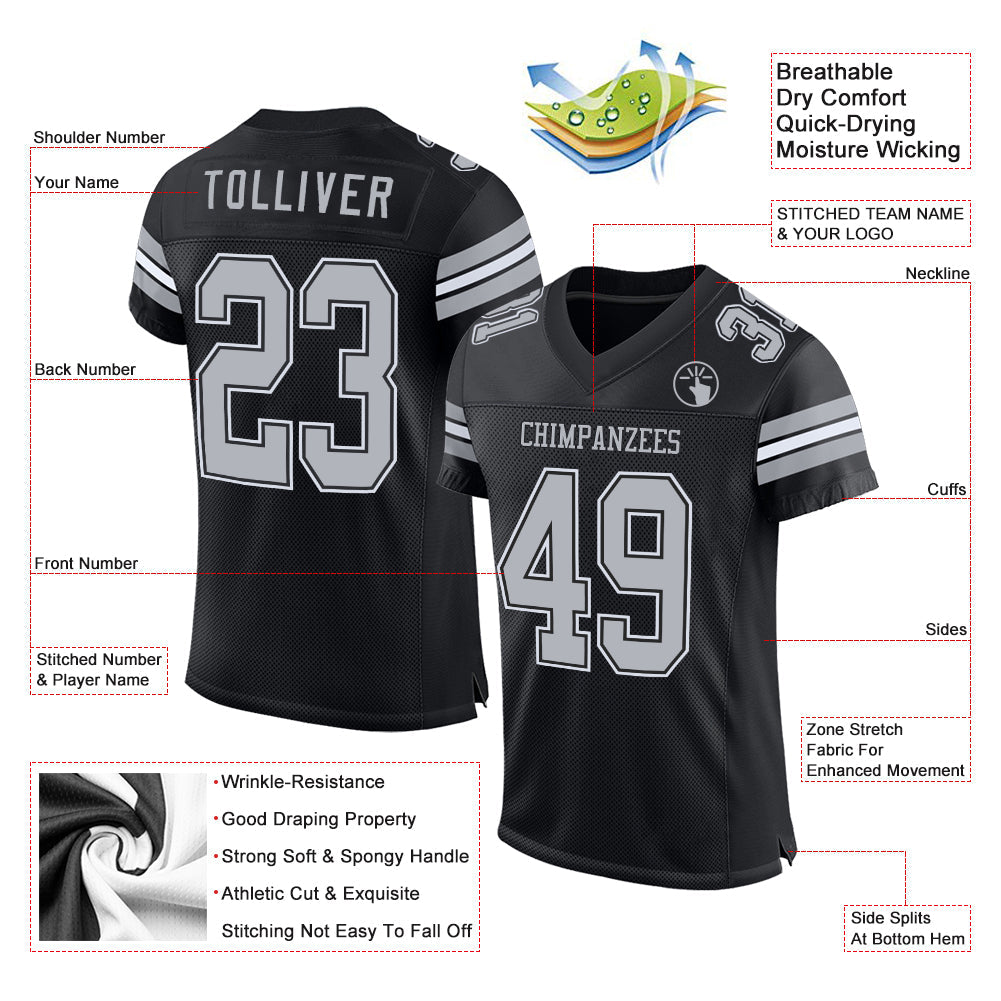 Custom Black Gray-White Mesh Authentic Football Jersey view 2
