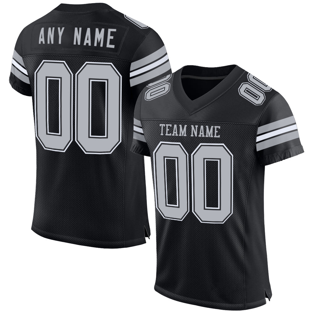 Custom Black Gray-White Mesh Authentic Football Jersey - Main View