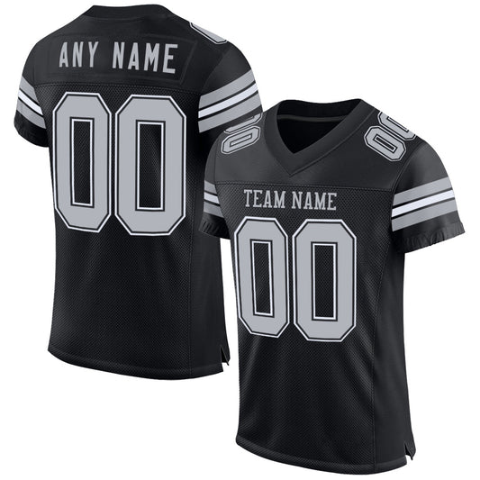 Custom Black Gray-White Mesh Authentic Football Jersey - Main View