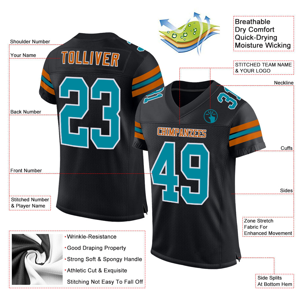 Custom Black Teal-Texas Orange Mesh Authentic Football Jersey view 2