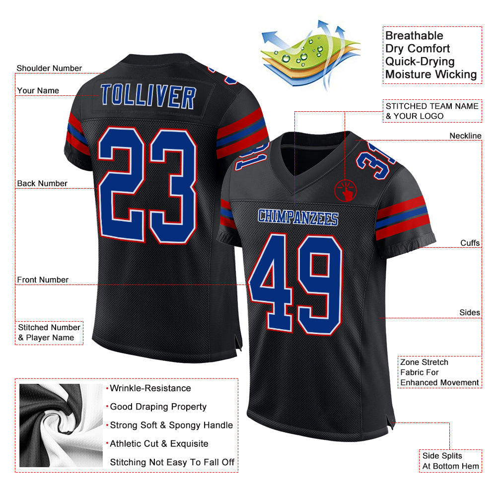 Custom Black Royal-Red Mesh Authentic Football Jersey view 2