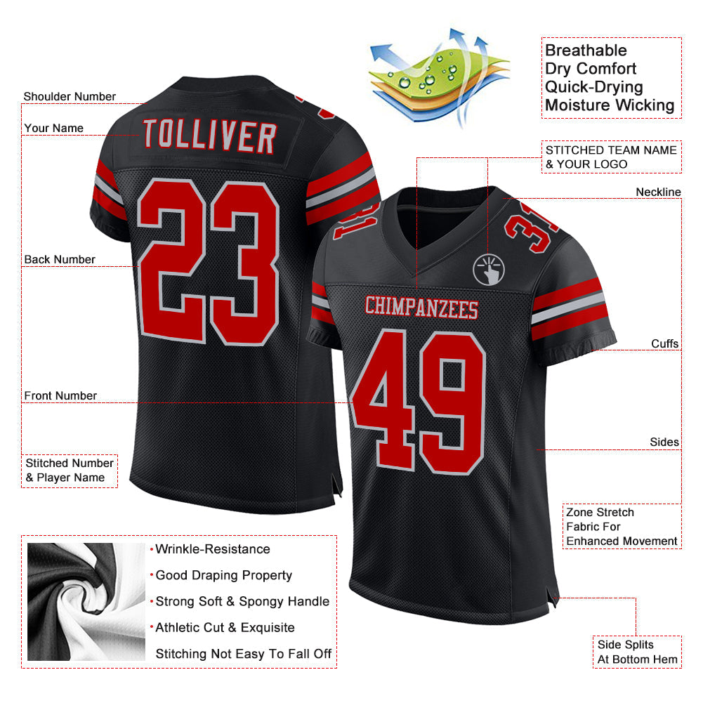 Custom Black Red-Gray Mesh Authentic Football Jersey view 2