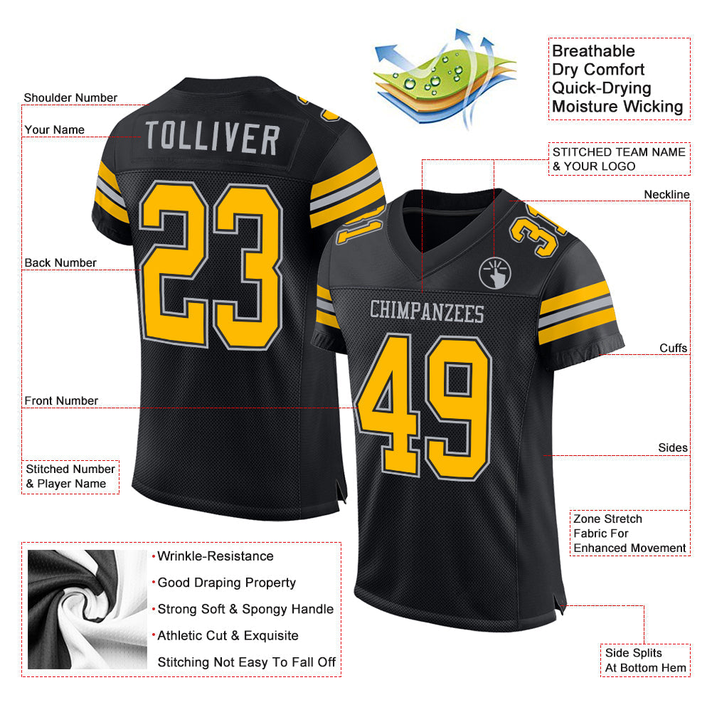 Custom Black Gold-Gray Mesh Authentic Football Jersey view 2