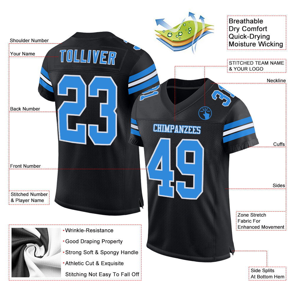 Custom Black Powder Blue-White Mesh Authentic Football Jersey view 2