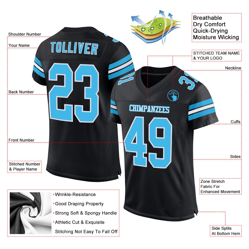 Custom Black Sky Blue-White Mesh Authentic Football Jersey view 2