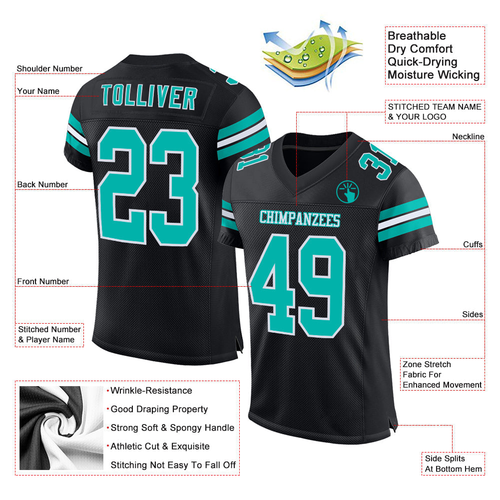 Custom Black Aqua-White Mesh Authentic Football Jersey view 2