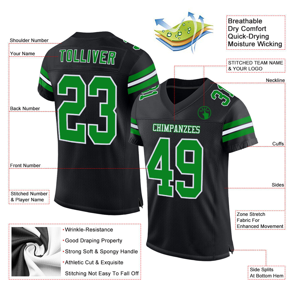 Custom Black Grass Green-White Mesh Authentic Football Jersey view 2