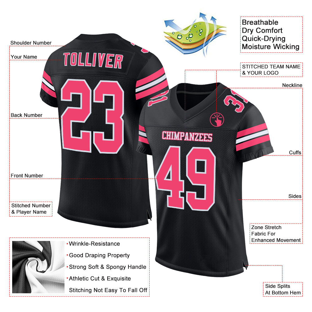 Custom Black Neon Pink-White Mesh Authentic Football Jersey view 2