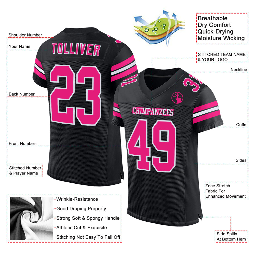 Custom Black Hot Pink-White Mesh Authentic Football Jersey view 2