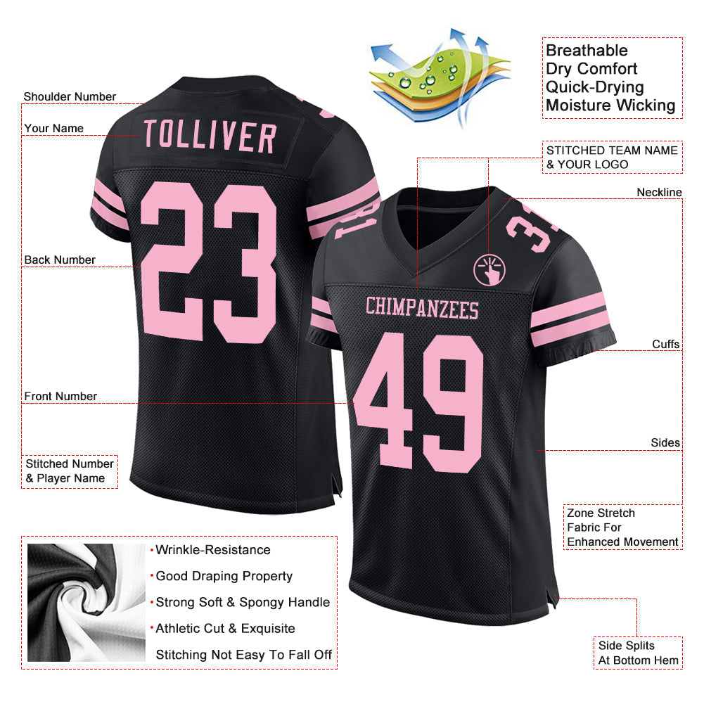 Custom Black Light Pink Mesh Authentic Football Jersey view 2