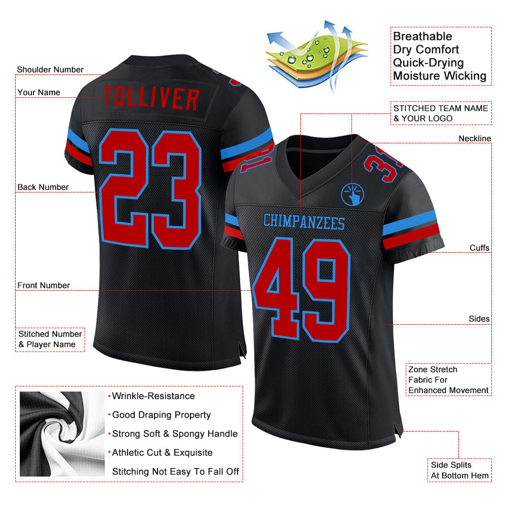 Custom Black Red-Powder Blue Mesh Authentic Football Jersey view 2