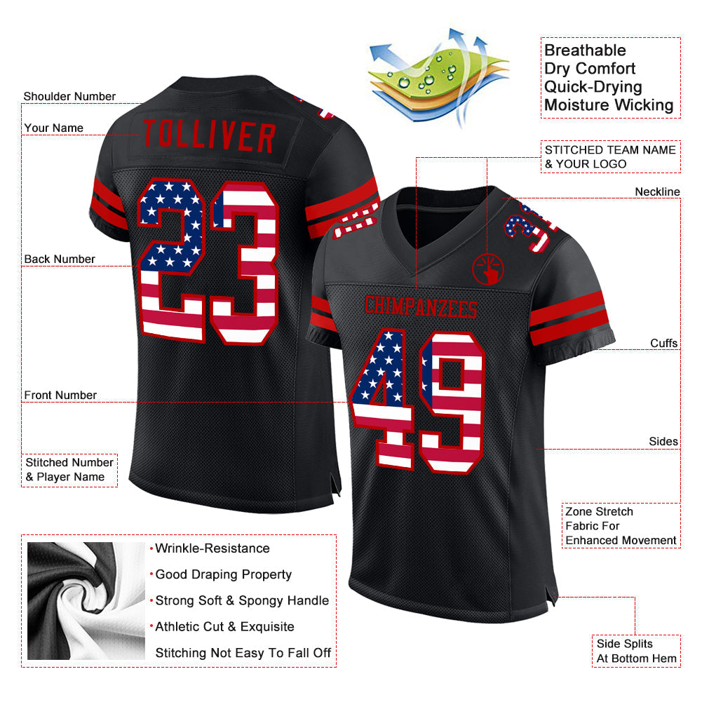 Custom Black USA Flag-Red Mesh Authentic Football Jersey view 2