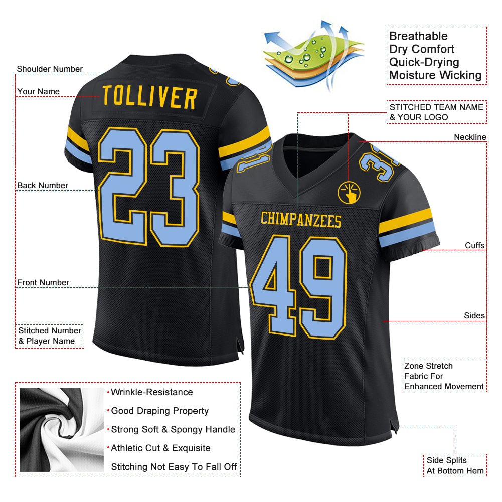 Custom Black Light Blue-Yellow Mesh Authentic Football Jersey view 2