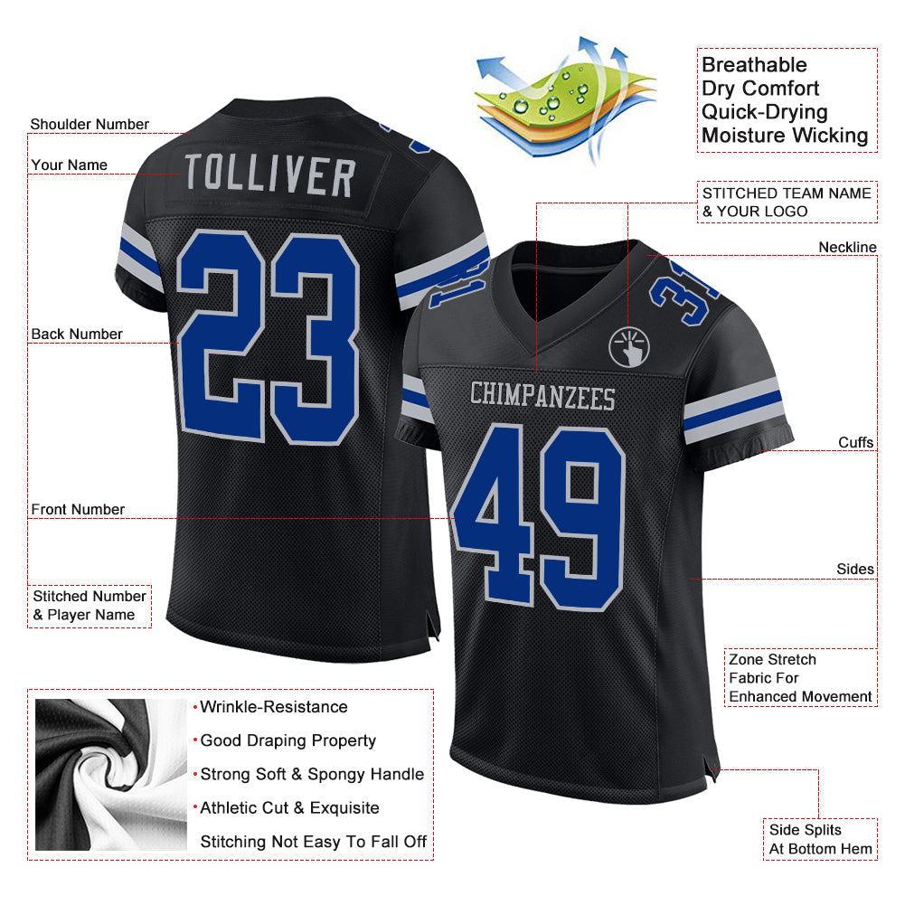 Custom Black Royal-Gray Mesh Authentic Football Jersey view 2