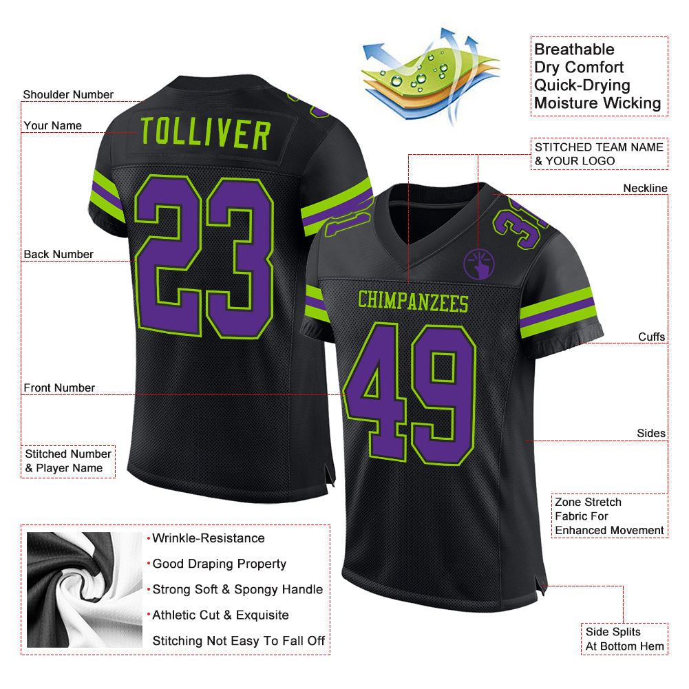 Custom Black Purple-Neon Green Mesh Authentic Football Jersey view 2